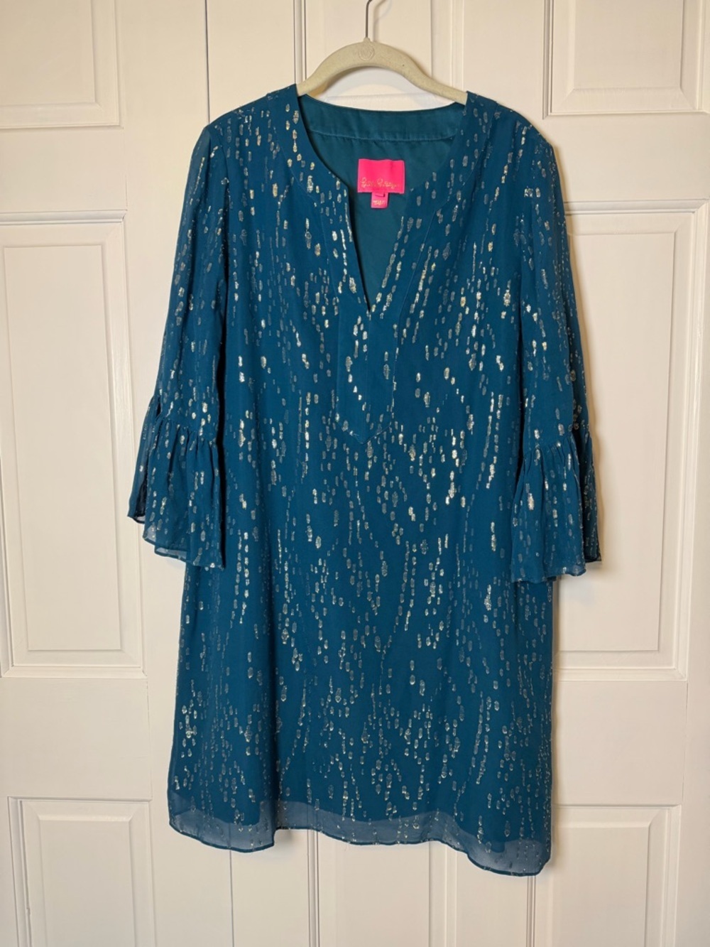 Lilly Pulitzer Elenora Silk Tunic Large Inky Tidal Fish Clip Teal Metallic Shift - Picture 2 of 8